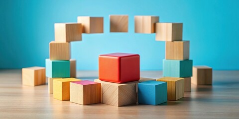 Obraz premium Colorful Wooden Blocks Arranged in a Circular Pattern with a Central Red Cube Representing Leadership and Achievement