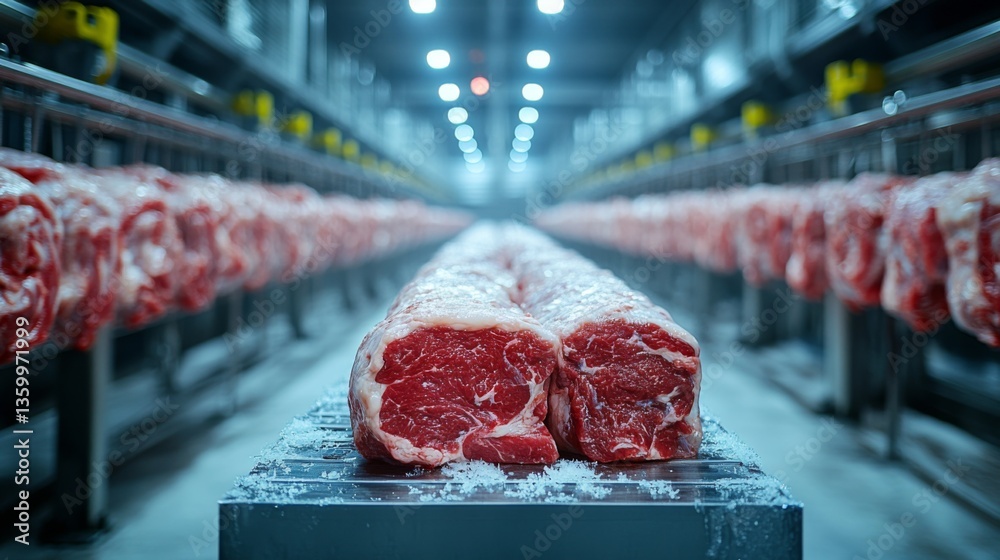 Poster refrigerated warehouse showcasing large cuts of meat on display for distribution. the facility maint