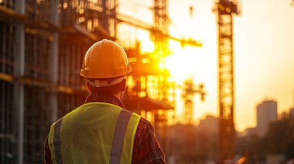 Construction Engineer Overseeing High-Rise Steel Building Framework with Cranes and Scaffolding