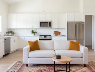 Fototapeta premium Bright and Open Living Room Layout with Earthy Tones and Modern concepts