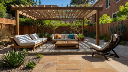 Fototapeta premium Cozy outdoor living space with seating and greenery in a sunny backyard