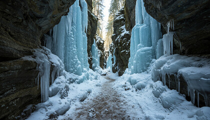 Spectacular winter canyon with steep rock walls and cascading frozen waterfalls along a winding snowy trail