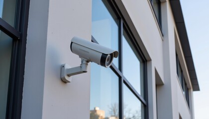 High-tech surveillance camera monitoring commercial building, security