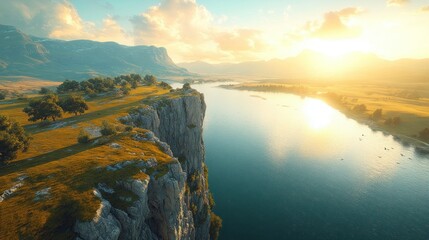 Scenic cliff overlooking a river valley at sunset. Lush grassy plains meet rugged cliffs overlooking a tranquil river. Golden sunlight illuminates the landscape