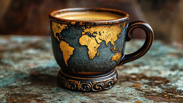 Decorative world map coffee cup on rustic table
