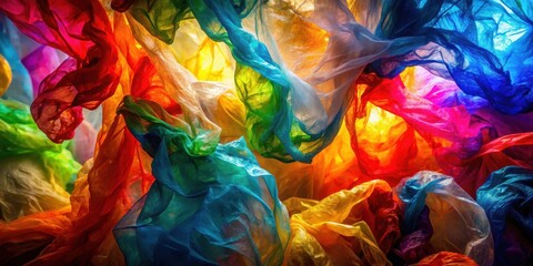 A vibrant profusion of colorful translucent fabrics, swirling and overlapping in a dynamic display of texture and light