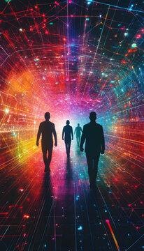 Abstract representation of human evolution with silhouetted figures walking through a colorful digital network of lights  -
