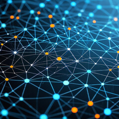 This digital abstract image presents a detailed network of nodes and lines, with blue and orange features denoting data points and communication links, advanced technology.