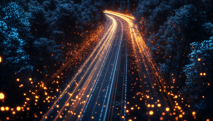 Night Highway, Glowing Trails, Forest Road, Digital Art, Light Streaks, Abstract, Twinkling Lights, 