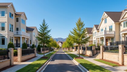 Obraz premium Inviting townhouse-lined street under clear blue sky, serene community