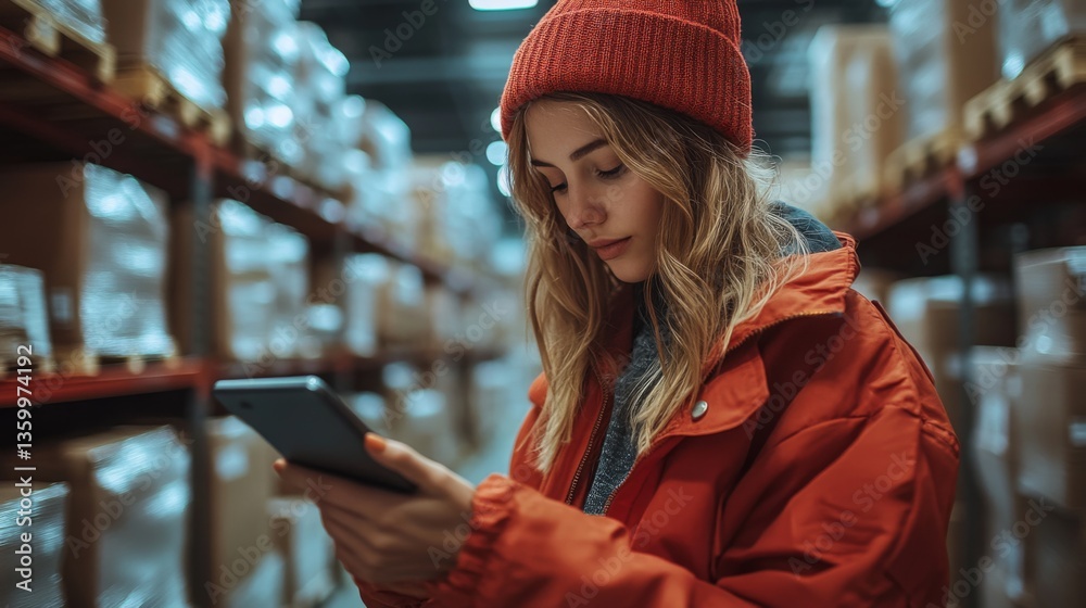 Poster A worker in a red jacket and hat uses a smartphone to check inventory while surrounded by shelves stocked with various materials in a spacious warehouse.