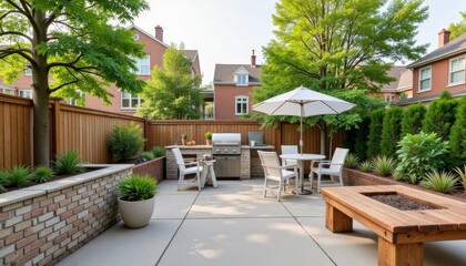 Fototapeta premium Inviting backyard barbecue area with lush greenery, entertaining ambiance