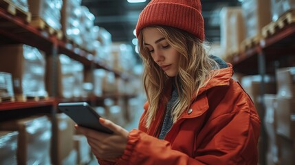 A worker in a red jacket and hat uses a smartphone to check inventory while surrounded by shelves stocked with various materials in a spacious warehouse.