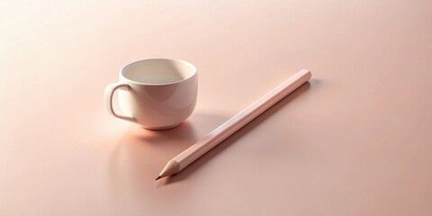 A minimalist composition featuring a delicate porcelain cup and a slender pastel pencil resting on a smooth peach surface.