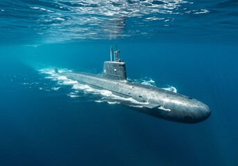 Submarine glides through deep blue water sunlight illuminating its form. AI Generated