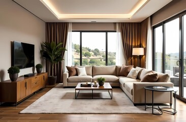 Fototapeta premium Modern interior design using Pantone 2025 Mocha Mousse color of the year. Sofa and cushions. Soft interior plants. Accent brown color and interestingly arranged furniture