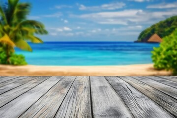 Fototapeta premium Empty summer holidays background. Horizontal travel banner for advertising product. Wooden table top in front, blurred paradise vacation. Panoramic empty counter in focus. beach and sea on background.