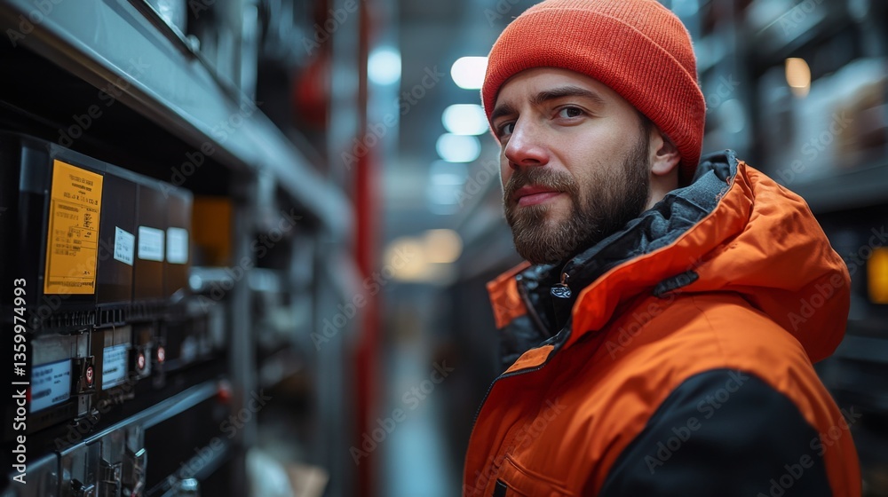 Poster a warehouse worker wearing an orange jacket and beanie inspects inventory in a well organized storag