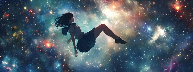 Obraz premium Anime girl floating in space with stars, dreamy and surreal 4k wallpaper -
