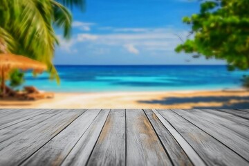 Empty summer holidays background. Horizontal travel banner for advertising product. Wooden table top in front, blurred paradise vacation. Panoramic empty counter in focus. beach and sea on background.