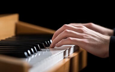 Close-up of hands playing a piano keyboard.  The keys are white and black, and the wood of the piano is light brown. Dark background.  Focus is on hands and keys