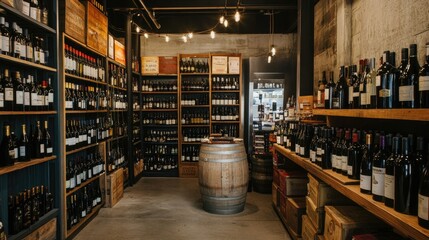 A cozy wine store with vintage labels and modern selections carefully arranged for customers.