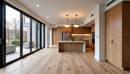 Obraz premium Modern townhouse interior with spacious kitchen and natural light, elegance