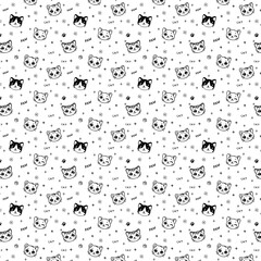 Seamless Pattern with Cute Doodle Cat Faces