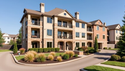Obraz premium Elegant luxury condominium exterior with landscaped surroundings, comfort