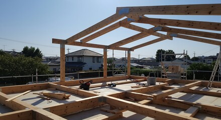 Wooden house frame construction bright sunlight. AI Generated