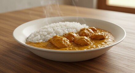 Warm golden curry chicken rice bowl steaming hot. AI Generated