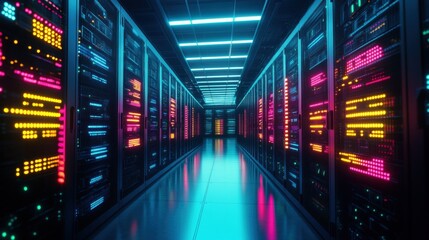 Fototapeta premium A long corridor of brightly lit server racks in a vibrant data center, showcasing neon pink, blue, yellow lights reflecting on a polished floor surface