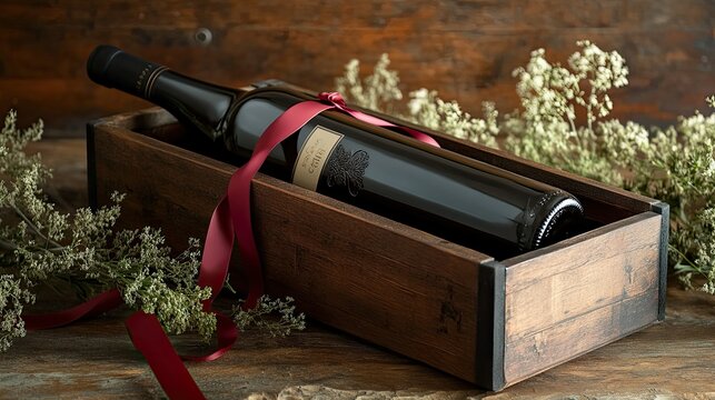 A luxury wine gift set with a bottle resting in a rustic wooden box, decorated with an elegant red ribbon.