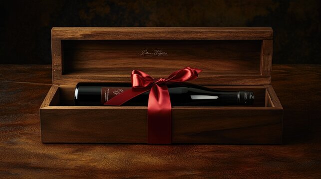 A luxury wine gift set with a bottle resting in a rustic wooden box, decorated with an elegant red ribbon.