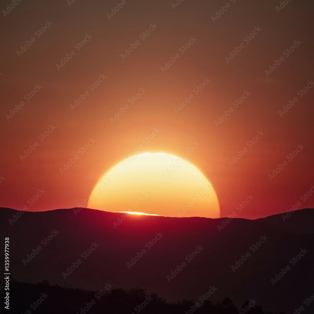 Poster as the sun begins to rise over distant hills, warm hues envelop the landscape, creating a cosmic amb