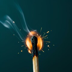 Burning matchstick close-up, with dark background