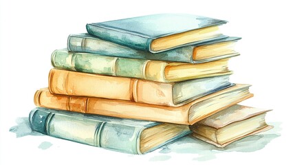 A softly illustrated book stack in pastel colors, gentle pencil and watercolor mix, subtle shading, isolated clipart on a white background.