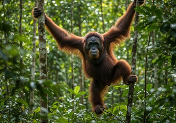 An orangutan is hanging on a tree in a forest setting
