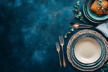 Elegant Table Setting with Teal Plates and Gold Cutlery