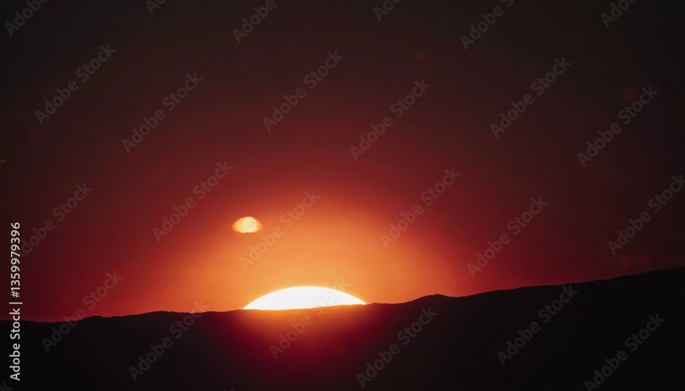 Poster A splendid cosmic display unfolds as the sun sets, revealing a faint moon in the twilight. This enchanting moment highlights the beauty of the universe and nature wonders Generative AI