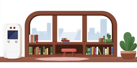 Minimalist Pixel Art Home Library with City Skyline View