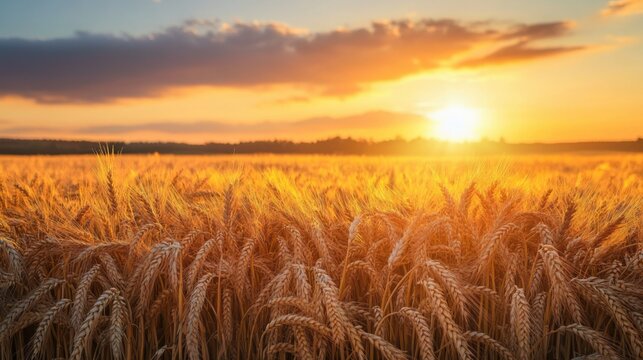 Golden wheat field at sunrise with vibrant colors illuminating the sky and rippling crops in the foreground