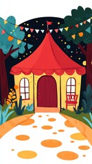 Fototapeta premium Whimsical Yellow and Red Tent in a Vibrant Forest Setting