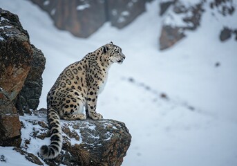 A beautiful snow leopard perched atop a rugged mountain ledge
