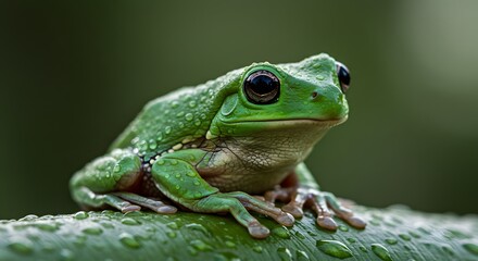 Naklejka premium Green Tree Frog Resting on Wet Leaf in Natural Setting