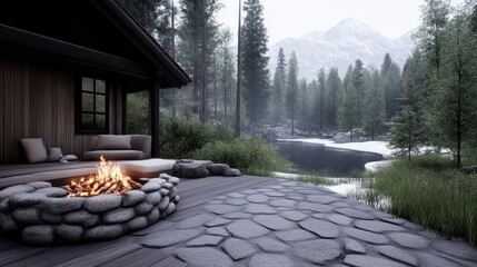 Rustic cabin retreat with outdoor fire pit overlooking serene lake and mountains