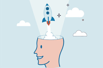Open minded, innovation or improvement with knowledge or wisdom, learning or thinking enlightenment, start, begin project, discover or release project concept, human head open mind and launch rocket.
