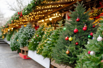 Christmas tree market stall with decorated trees and lights  