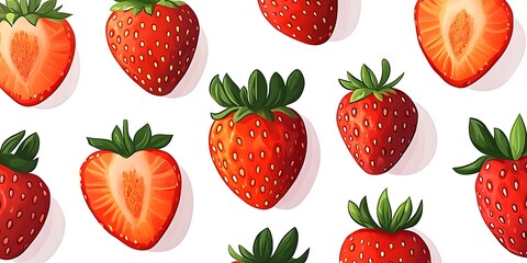 Repeating Pattern of Fresh Strawberries in Various Whole and Cut Forms