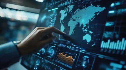 Business executive controlling a futuristic 3D interface with world maps, graphs, and AI icons.